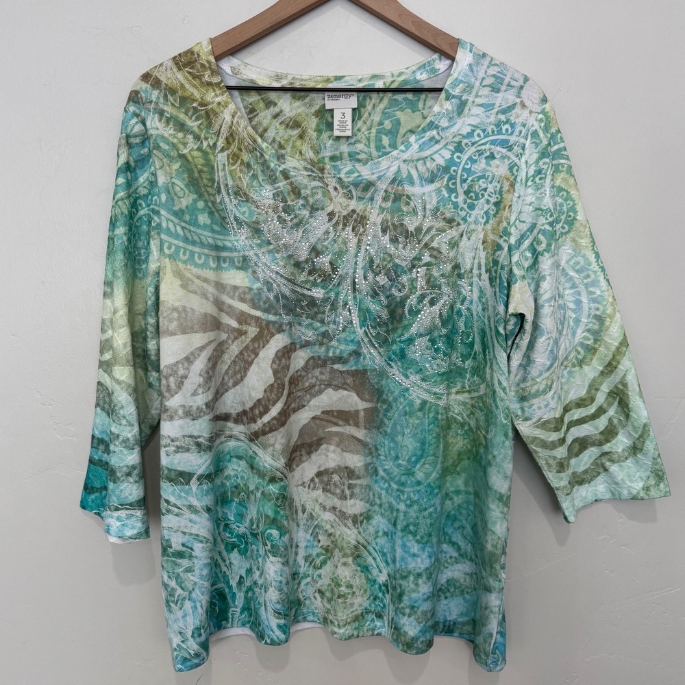 Chico's Mixed Print Embellished 3/4 Sleeve Top Artsy Boho Zebra Green XL Size 3